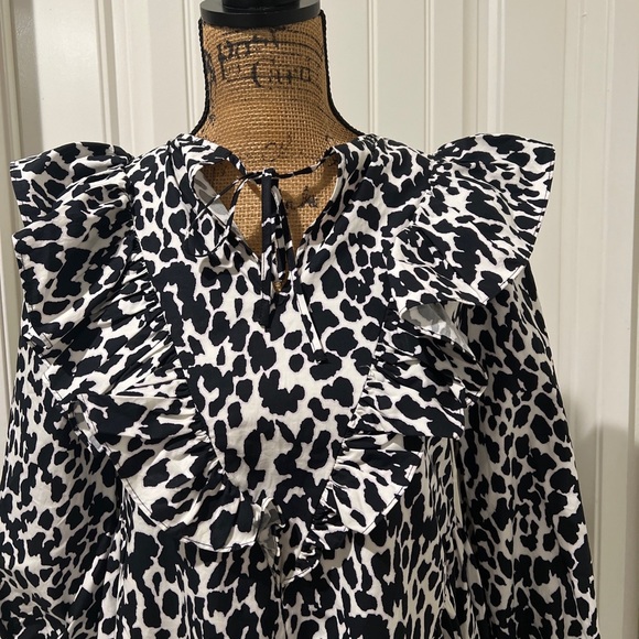 Sandy Liang Leopard Print Long Ruffle Sleeve Midi pocket Dress Size XXS - Picture 3 of 6